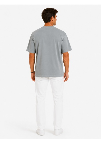 Vasto Moda Erkek Tam Oversize Kalıp Kalın Dokulu Organik Pamuk Bisiklet Ribana Yakalı Açık Gri T-shirt