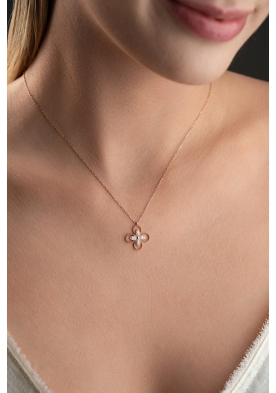 925 Ayar Gümüş Rose Kaplama Beyaz Taşlı 4 Yapraklı Yonca Kolye Rose Gold