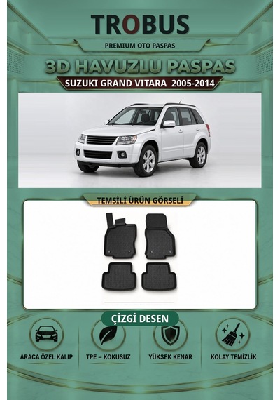 Suzuki Grand Vitara 2005-2014 Çizgi Desen 3d Havuzlu Paspas Takımı Siyah