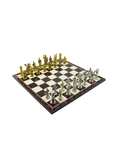 Gifthome Battal Boy Metal Roma Satranç Takımı Parlak Ve Katlanır Ceviz Desenli Mdf Satranç Tahtası 43x43 Cm.
