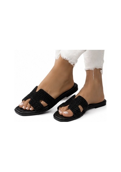 N Napa Shoe Np.1050.siyah Kadın Siyah Taş Detaylı Günlük Terlik Konforlu Düz Taban Şık Yazlık Terlik
