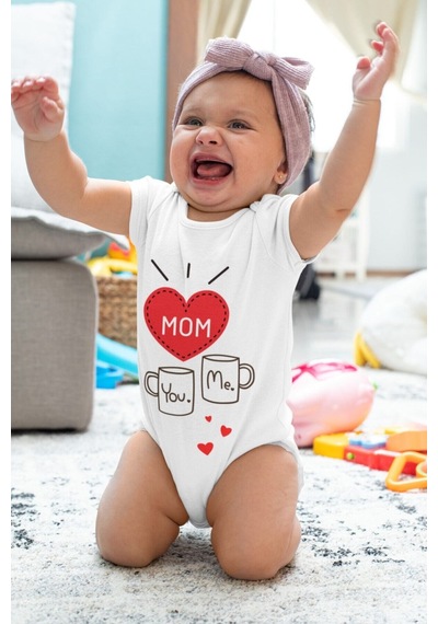 Babylimon You And Me Mom Desenli Kısa Kol Unisex Body Beyaz - 132208671 Beyaz