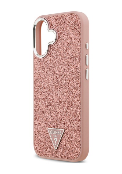 Apple Uyumlu iPhone 17 Kılıf Guess Lisanslı M-safeli Metal Kamera Çerçeveli Üçgen Logolu Glitter Pembe Pembe