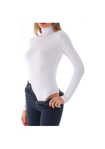 Penyebizden Kadın Viskon Tam Balıkçı Yaka Çıtçıtlı Zıbın Body-beyaz