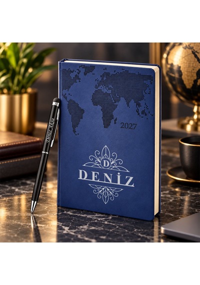 Bk Gift Kişiye Özel 378 Termo Deri Tarihli Ajanda & Siyah Touch Pen Tükenmez Kalem-16 Lacivert