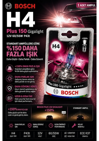 H4 Plus 150 Gigalight 12v 60/55w Halojen Far Ampulü %150 Daha Fazla Işık Çiftli Set