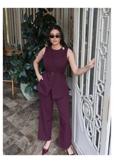 Kechi Woman Double Kumaş Astarlı Yelekli Takım Şık Cool Bordo