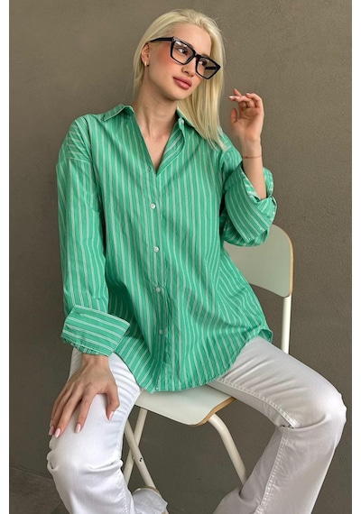 Madmext Mint Yeşili Çizgili Regular Kesim Kadın Gömlek Mg2610 Mint Yeşili