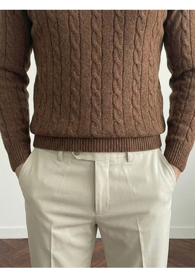 Erkek Kahverengi Bisiklet Yaka Slim Fit Saç Örgülü Triko Kazak Kahverengi
