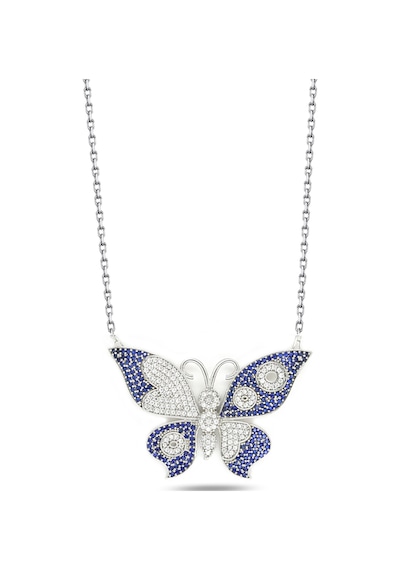 Brezza Lusso Jewelry 925 Ayar Mavi Taşlı Kelebek Uzun Kadın Gümüş Kolye 80 CM ve Üzeri