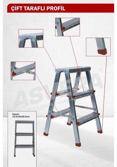 Asvera 3+3 Çift Çıkışlı A Tipi Katlanabilir Profil Merdiven - Çift Taraflı Çelik Boya Merdiveni