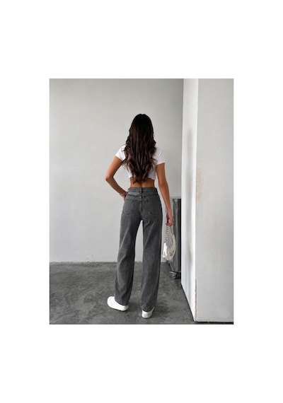 Bluemarlin Kar Siyah Yüksek Bel Likralı Boyfriend Bol Paça Kot Pantolon Siyah
