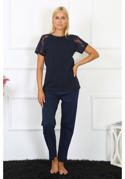 Akbeniz Kadın Kolu Dantelli Penye Pijama Takım 4150 - M Lacivert