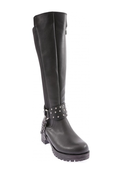 Dgn 607 Kadın Bilek Tokalı Zincir Detaylı Arkası Stretch Knee High Flats Çizme Siyah