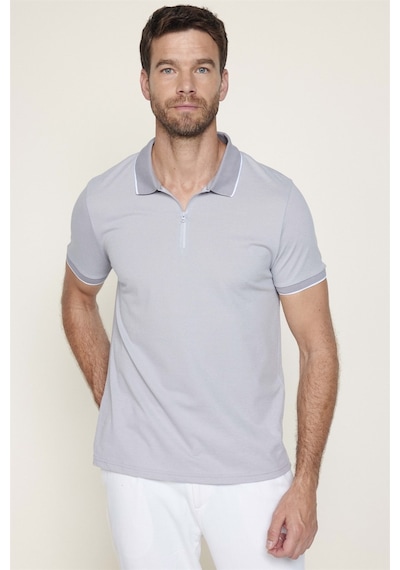 Tudors Erkek Slim Fit Dar Kesim Pamuklu Fermuarlı Gri Polo Yaka Tişört-27588 Gri