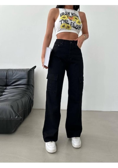 Lavajeans Siyah Solmaz Altı Cep Kargo Pantolon Yüksek Bel Wide Leg Siyah Bej