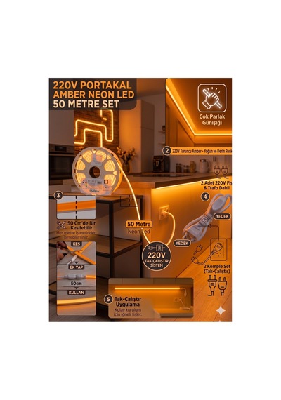 50 Metre Amber 220v Neon Led Şerit Led, Çok Parlak, Kesilebilir, Tak-çalıştır Fişli & Yedek Fişli,esnek Led
