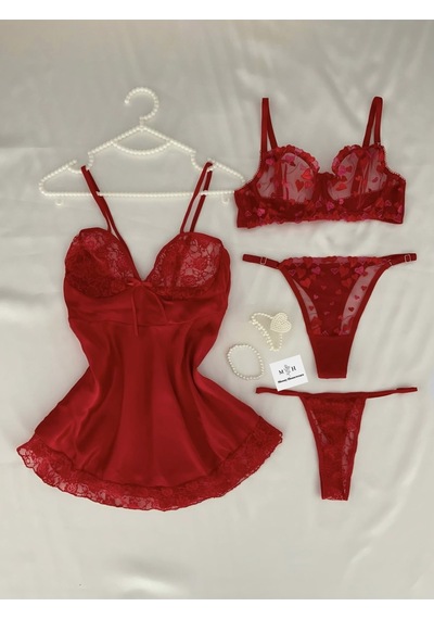 Mh Moony Homewears 4'lü Aşk Tutkusu Saten Gecelik Iç Giyim Seti Kırmızı