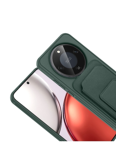 Honor Magic 8 Lite 5g Kılıf Arka Yüzey Kartlıklı Deri Doku Premium Silikon Standlı Özelliği Kapak Koyu Yeşil