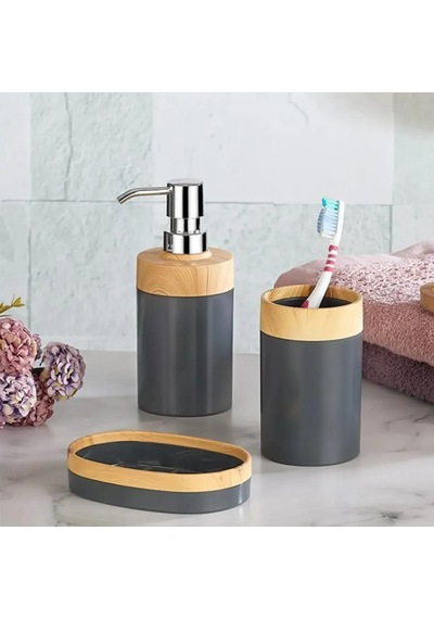 Bersachef Limpia Bambu Desenli 5'li Banyo Seti Çöp Kovası Sıvı Sabunluk Diş Fırçalık Kutusu Banyo Seti Gri