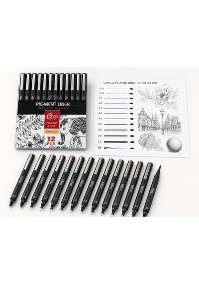 Ayrex 12'li Pigment Liner Teknik Çizim Kalemi Seti Eskiz, Mimari Çizim Ve İllüstrasyon Seti, Suya Dayanıklı Si Genel