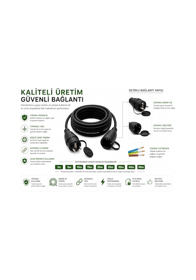 Evden Elektrikli Araba Şarj Uzatma Kablosu Topraklı%100 Bakır 3x2.5mm Siyah, 5 Metre Standart