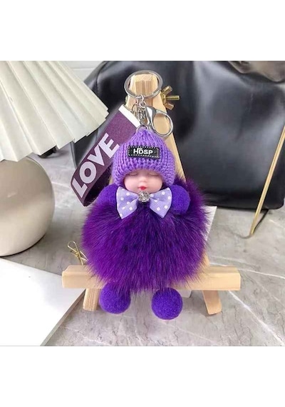 Sevimli Ponpon Uyuyan Bebek Peluş Kadın Kız Araba Çanta Anahtarlık Aksesuar Mor