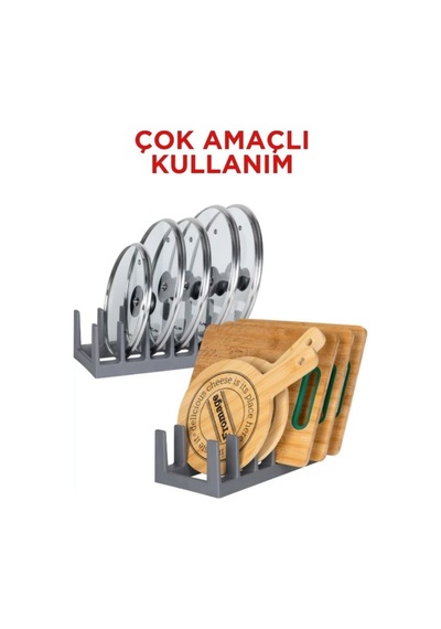 1 Adet Tencere Kapağı Organizeri - 6 Bölmeli Tencere Kapak Rafı Antrasit- Ecolux Plastik Gri Diğer