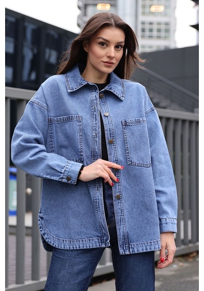 Hiccup Bdart Oversize Denim Ceket, Gömlek Yaka Ve Cep Detaylı Lacivert