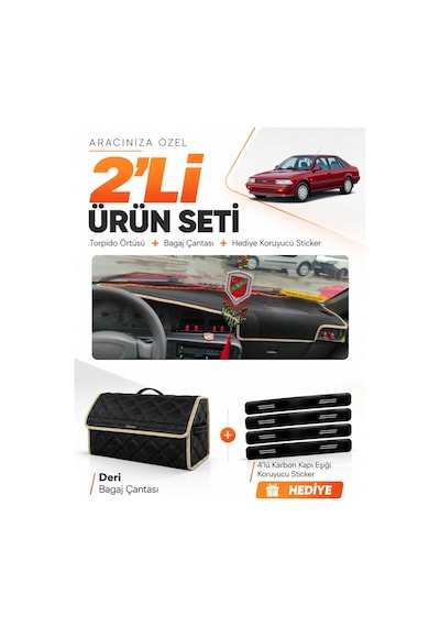 Toyota Carına T170 1988-1992 Uyumlu Torpido Örtüsü + Deri Bagaj Çantası + Sticker Seti - Siyah Bej