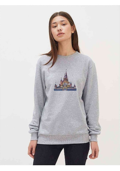 Watercolor Castle Baskılı Gri Kadın Sweatshirt