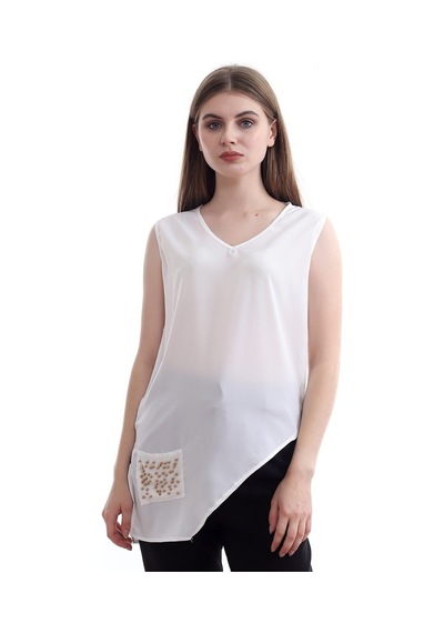 Self Clothing Kadın Beyaz V Yaka Cep Ve Yırtmaç Detaylı Bluz Slf1246-Beyaz