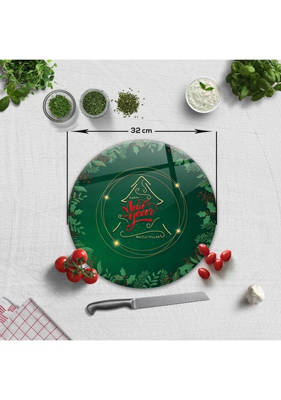Decorita Cam Kesme Tablası|Happy New Year-Yeşil|Çap32cm