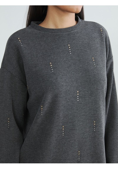 Lcwaıkıkı Classic Antrasit Soft Touch Taşlı Kadın Sweatshirt Tunik