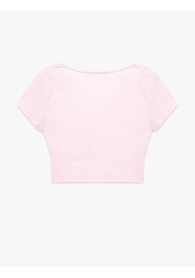 Koton Bürümcük Kumaş Dantelli Slim Fit V Yaka Büzgülü Tişört Pembe 6sal10641ık Gül
