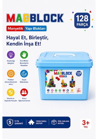128 Parça Tamamı Mıknatıslı Yapı Blokları - Saklama Kutulu Oyuncak - 5 Yıl Garanti - Eğitici Oyuncak