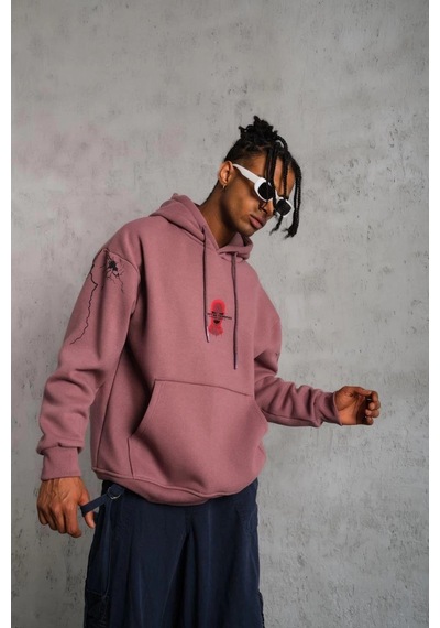 Novalisse Erkek 3 İplik Pamuklu Kapüşonlu Baskılı Cepli Sweatshirt Hoodie - Gül Kurusu Çoklu Renk