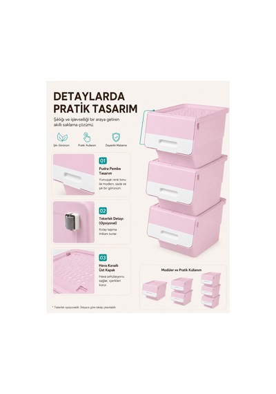 3 Katlı Tekerlekli Kapaklı Saklama Kutusu, Eşya Ve Erzak Organizer 3x12 Litre Pembe Pembe Pembe