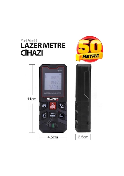 50 Metre Yüksek Hassasiyet Lazer Metre Ölçer Lcd Dijital Ekran Su Terazili Lazermetre Lazerli