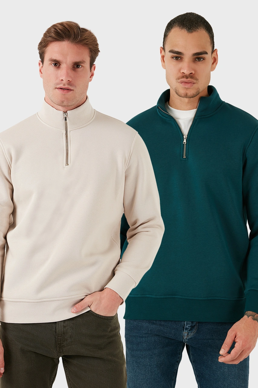 Buratti Pamuklu Regular Fit Dik Yaka 2'Li Paket Erkek Sweat 59052592S2 Petrol-Kum
