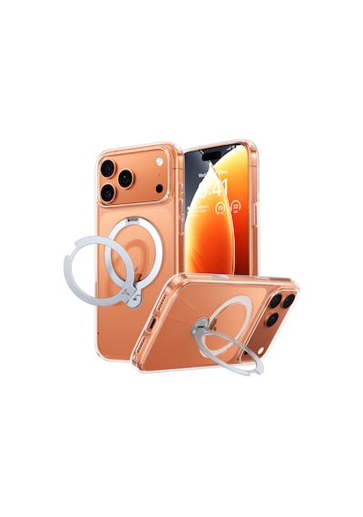Torras Apple iPhone Uyumlu 17 Pro O Stand Spin Serisi Magsafe Kılıf Şeffaf
