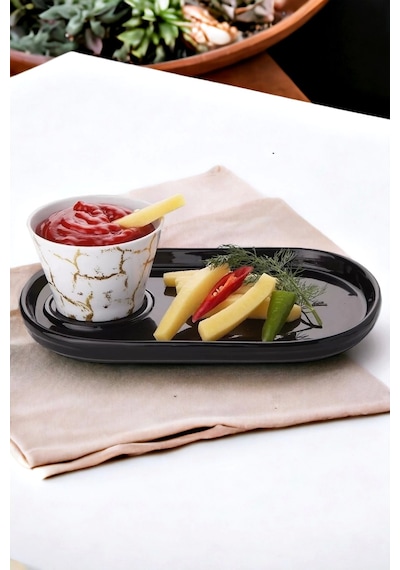 Tilbe Home Oval Sunum Tabağı Konik Sosluk Desenli Sunumluk Sosluk 2'li Set Siyah Beyaz