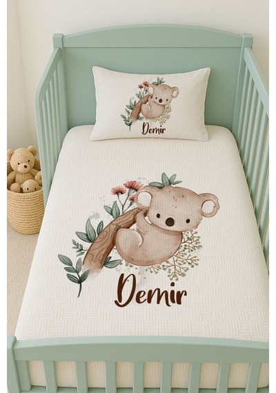 %100 Pamuk İsme Özel İsimli 100x150 Cm Pike Seti Sevimli Koala
