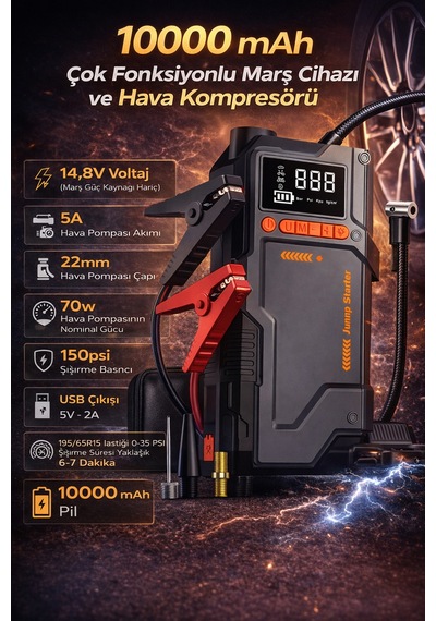 10000 Mah Akü Takviye & Hava Kompresörü 150 Psı Dijital Şarjlı Lastik Şişirme Cihazı