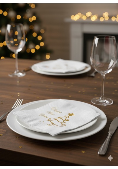 16'lı Yılbaşı Temalı Çift Katlı Peçete - Happy New Year Gold Varaklı Beyaz Lüks Davet Peçetesi Seti Diğer
