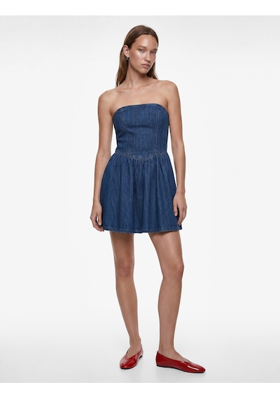 Koton Pamuklu Straplez Kalp Yaka Kolsuz Korse Detaylı Mini Denim Elbise Koyu İndigo 6sal80040md Indigo