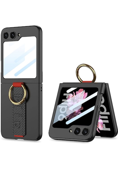 Goocamp Galaxy Uyumlu Z Flip 6 Kılıf Kamera Korumalı Yüzüklü Karbon Tasarımlı Flip Ring Kıp Siyah