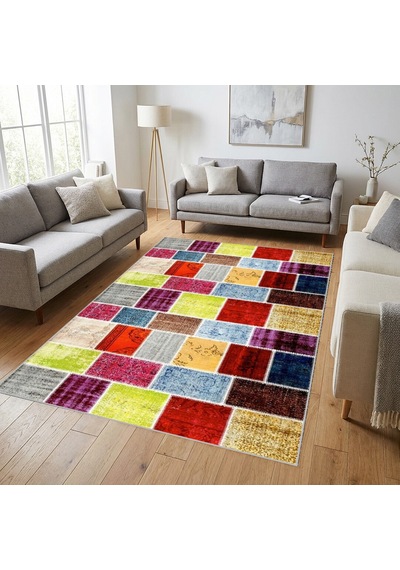 Çok Renkli Patchwork Eskitme Desenli Dijital Baskılı Kaymaz Tabanlı 6 Mm Yıkanabilir Halı