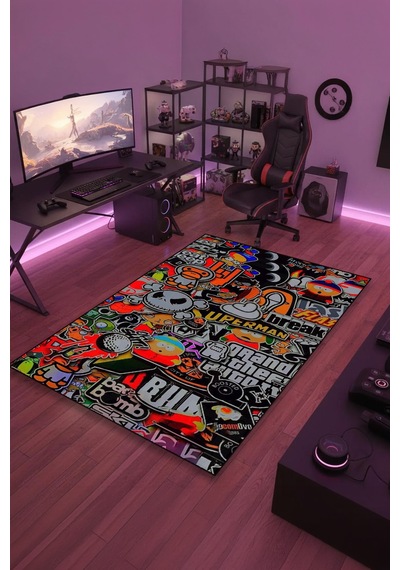 Sticker Bomb Karışık Desen Yıkanabilir Kaymaz Taban Genç Odası Halısı Gnc8