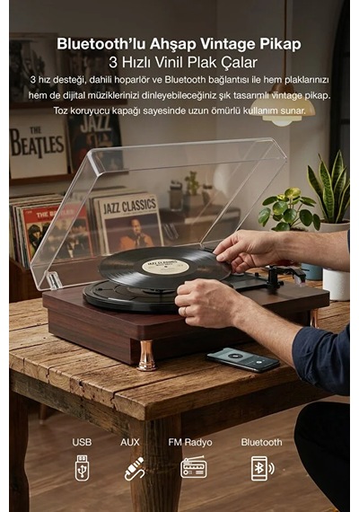 Taşınabilir Şarjlı Retro Pikap - Bluetooth, Aux Girişli, Dahili Hoparlörlü Ahşap Plak Çalar + Yedek İğne 1 Adet